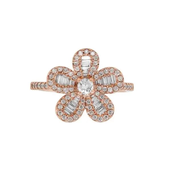 5-Leaf Ring in Rose Gold with Round and Baguette Shape Diamonds