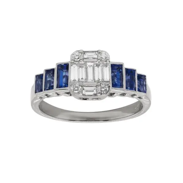 Ring in White Gold with Round, Baguette Shape Diamonds and Blue Sapphires