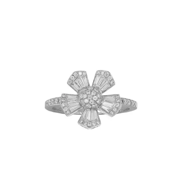 5-Leaf Flower Ring in White Gold with Round and Baguette Shape Diamonds