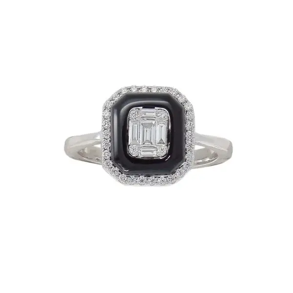Ring in White Gold with Round, Baguette Shape Diamonds and Black Onyx