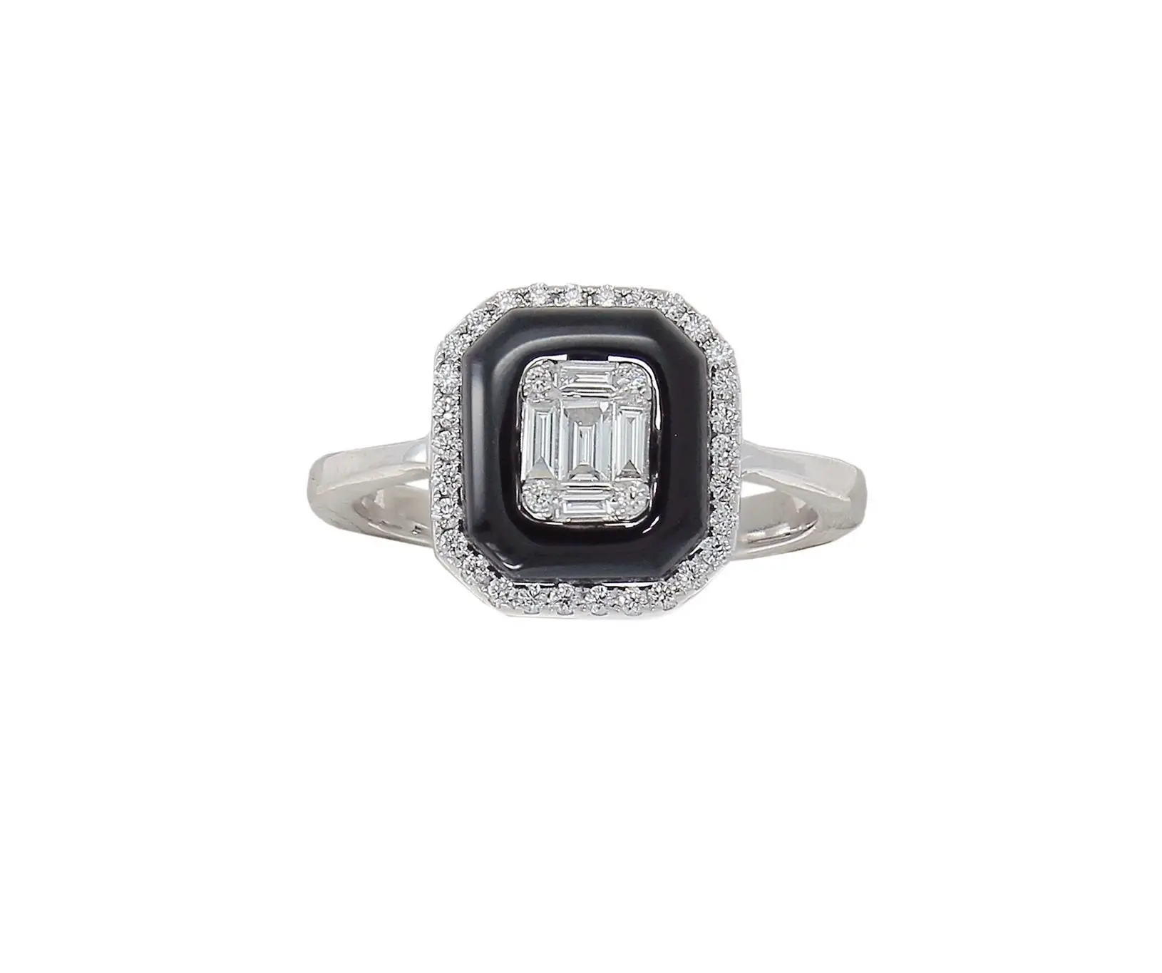 Ring in White Gold with Round, Baguette Shape Diamonds and Black Onyx