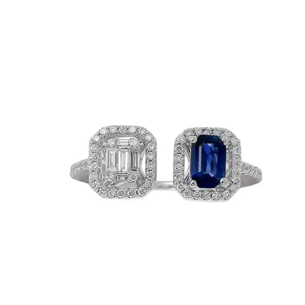 Contrarié Ring in White Gold with Round, Baguette Shape Diamonds and Blue Sapphires