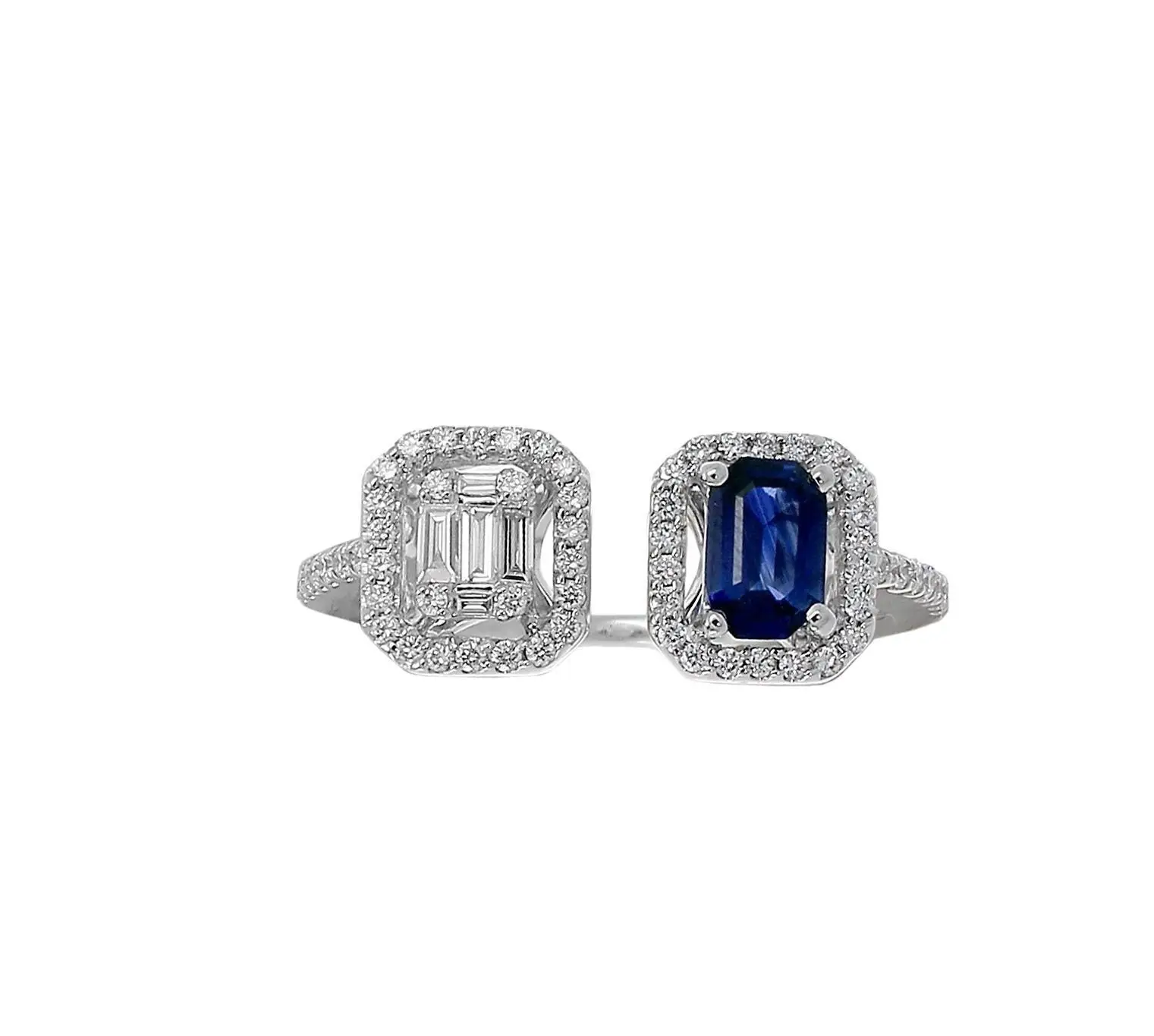 Contrarié Ring in White Gold with Round, Baguette Shape Diamonds and Blue Sapphires