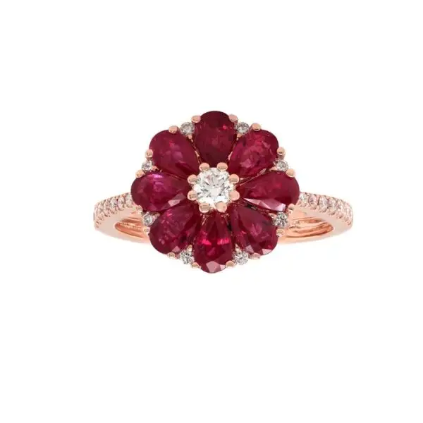 Flower Ring in Rose Gold with Round Diamonds and Red Rubies