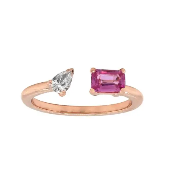 Ring in Rose Gold wit Pear Shape Diamond and Pink Sapphire