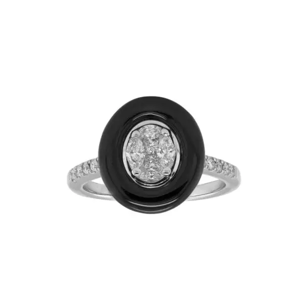 Ring in White Gold with Round, Princess, Marquise Shape Diamonds and Black Onyx