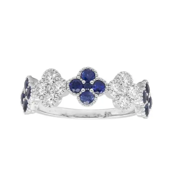 4-Clover Ring in White Gold with Round Diamonds and Blue Sapphires