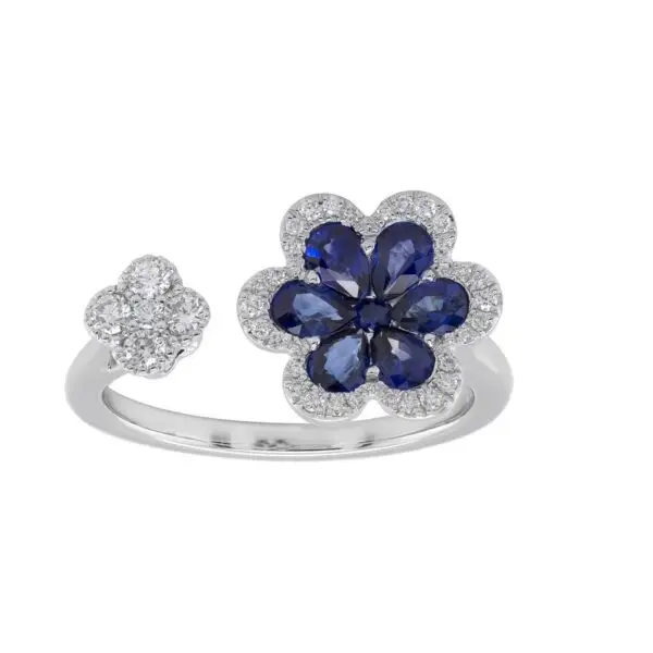 Contrarié Flower Ring in White Gold with Round Diamonds and Blue Sapphires