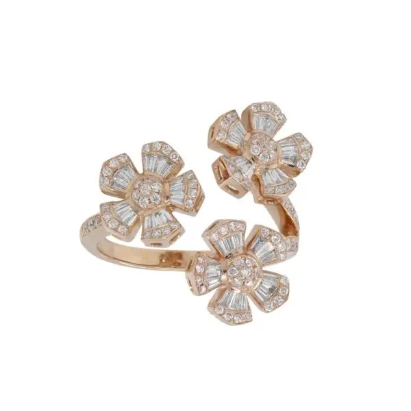 Flower Ring in Rose Gold with Round and Baguette Shape Diamonds