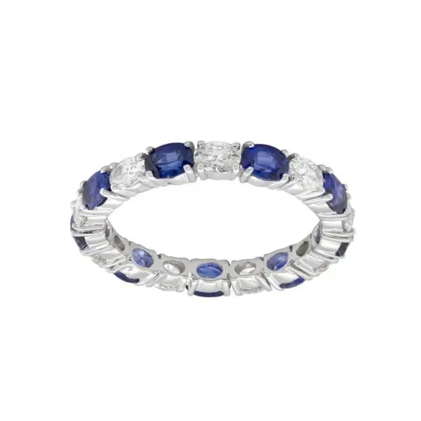 Ring in White Gold with Oval Shape Diamonds and Blue Sapphires