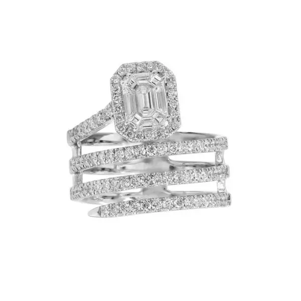 Contrarié Ring in White Gold with Round and Emerald Shape Diamonds