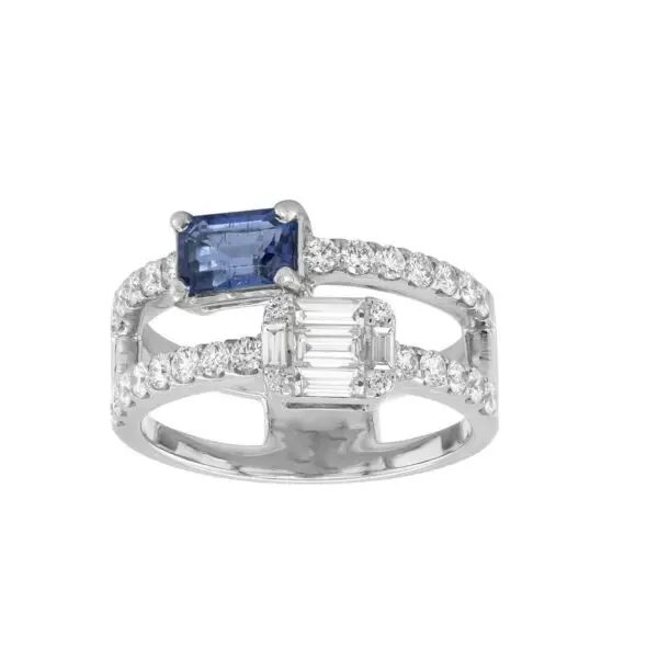 Ring in White Gold with Round, Baguette Shape Diamonds and Blue Sapphire