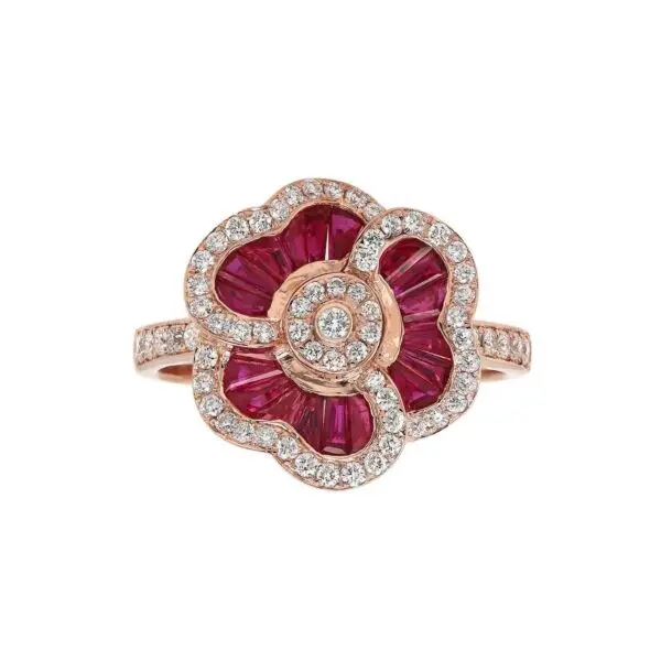 3-Leaf Flower Ring in Rose Gold with Round Diamonds and Red Rubies
