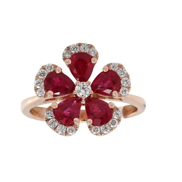 5-Leaf Flower Ring in Rose Gold with Round Diamonds and Red Rubies