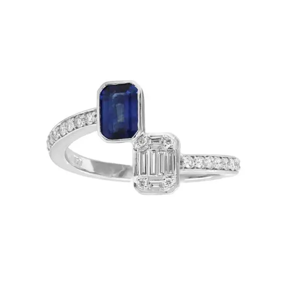 Contrarié Ring in White Gold with Round, Baguette Shape Diamonds and Blue Sapphire