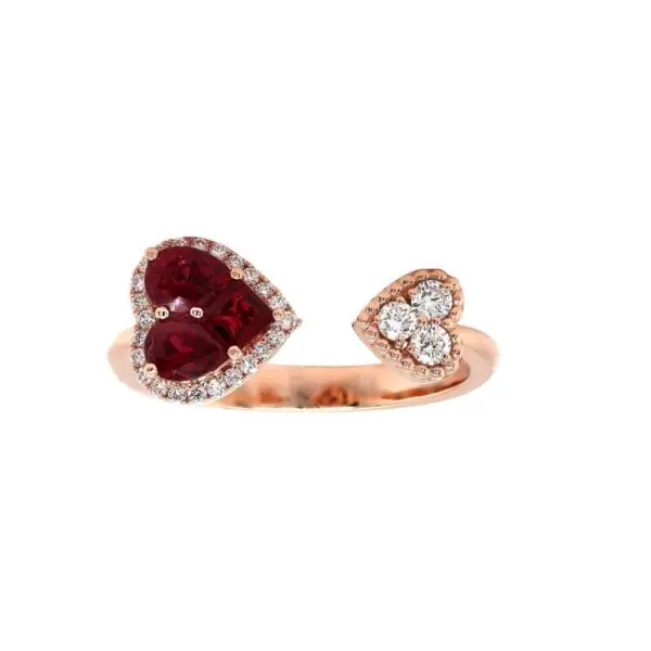 Heart Shaped Contrarié Ring in Rose Gold with Round Diamonds and Red Rubies