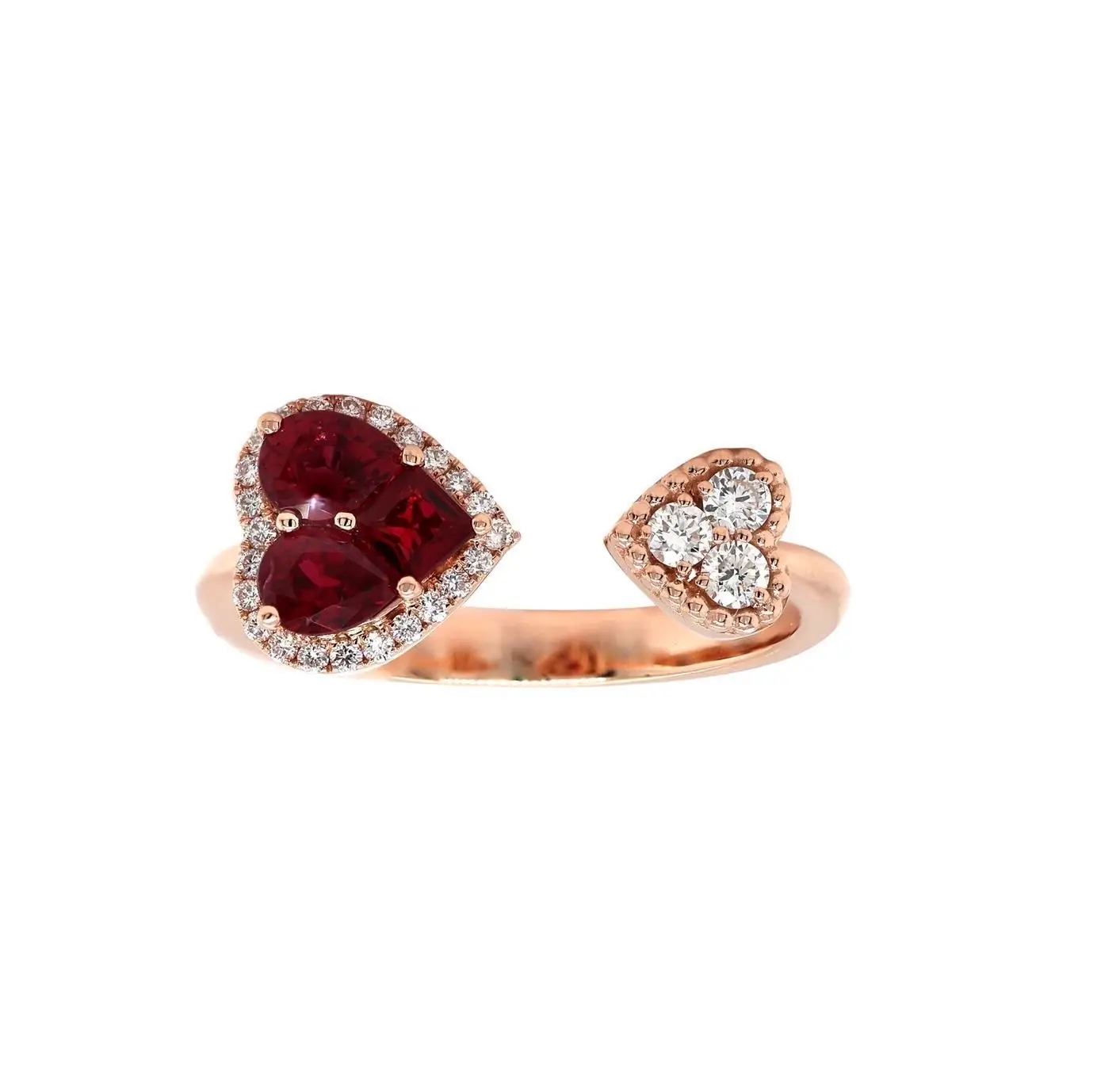 Heart Shaped Contrarié Ring in Rose Gold with Round Diamonds and Red Rubies