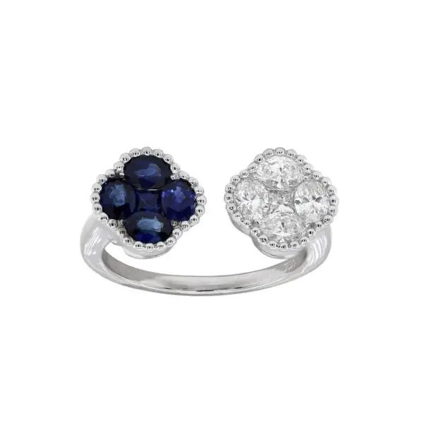 4-Clover Contrarié Ring in White Gold with Round, Princess, Oval Shape Diamonds and Blue Sapphires