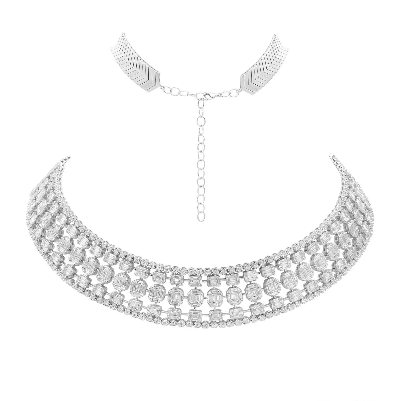 Necklace in White Gold with Round, Baguette Shape Diamonds