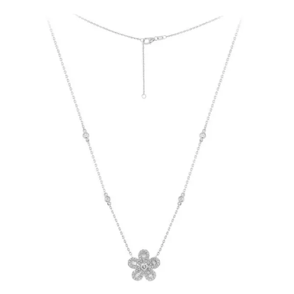 5-Leaf Flower Necklace in White Gold with Round and Baguette Shape Diamonds
