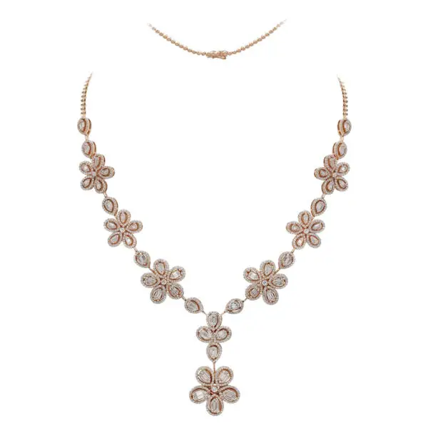 Flower Necklace in Rose Gold with Round, Baguette Shape Diamonds