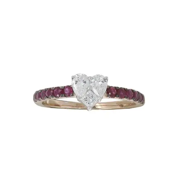 Ring in Rose Gold with Pear, Princess Diamonds and Red Rubies