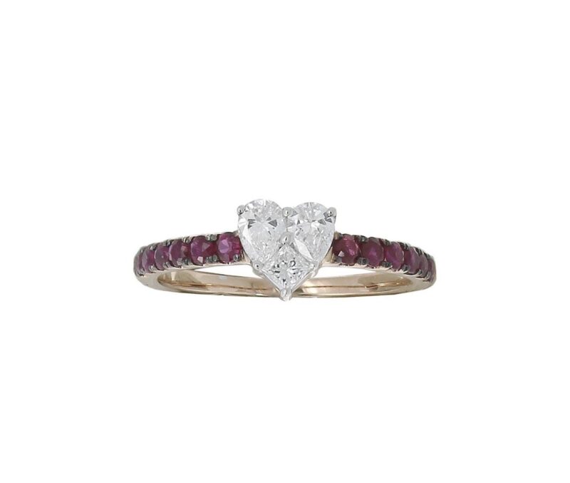 Ring in Rose Gold with Pear, Princess Diamonds and Red Rubies