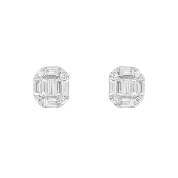 Ear Studs in White Gold with Round and Emerald Shape Diamonds