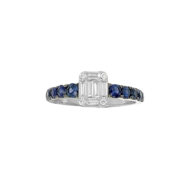 Ring in White Gold with Round, Baguette Shape Diamonds and Blue Sapphires