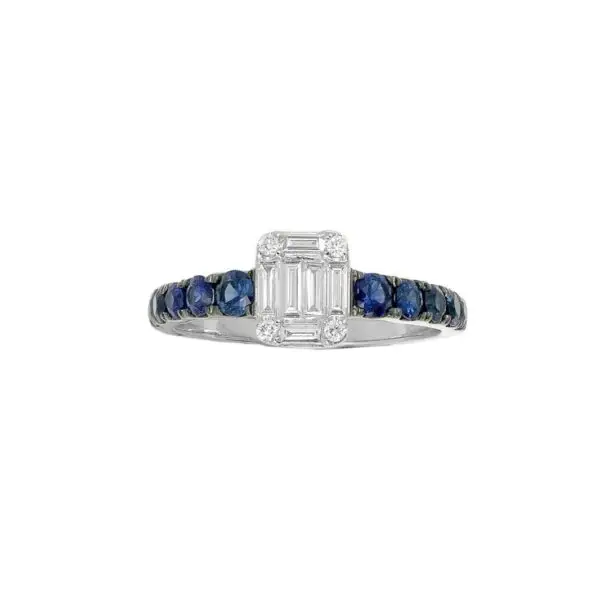 Ring in White Gold with Round, Baguette Shape Diamonds and Blue Sapphires