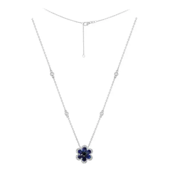 6-Leaf Flower Necklace in White Gold with Round Diamonds and Blue Sapphires
