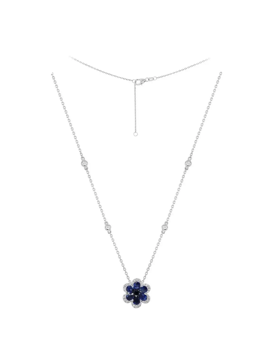 6-Leaf Flower Necklace in White Gold with Round Diamonds and Blue Sapphires