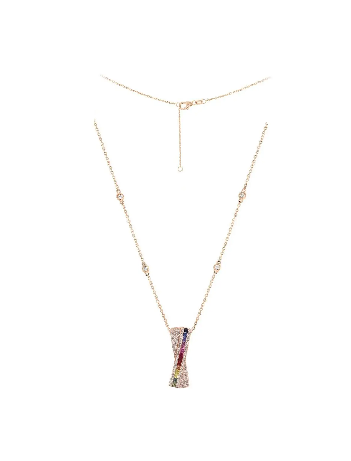 Necklace in Rose Gold with Round Diamonds and Rainbow Sapphires