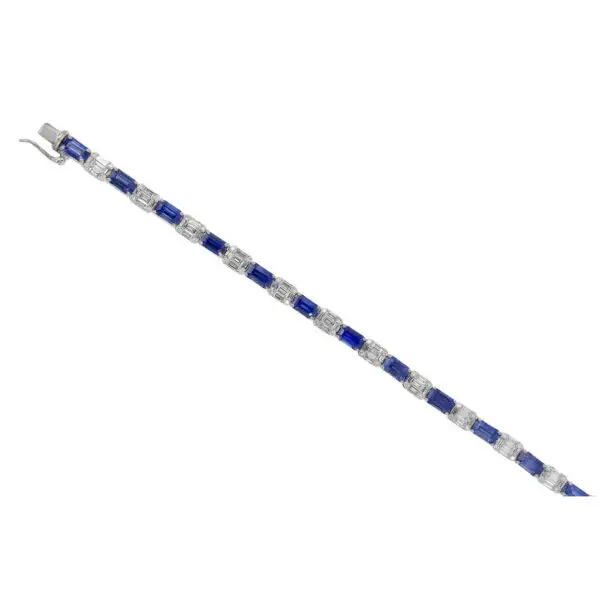 Bracelet in White Gold with Round, Baguette Shape Diamonds and Blue Sapphires