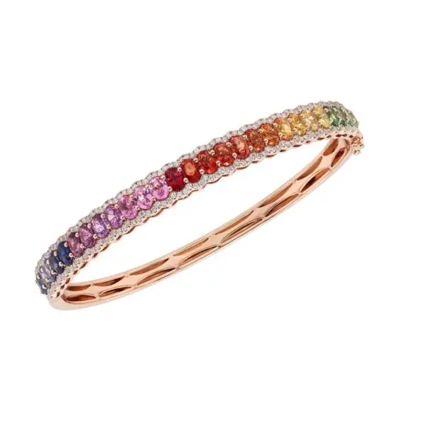 Rigid Bangle Bracelet in Rose Gold with Round Diamonds and Rainbow Sapphires