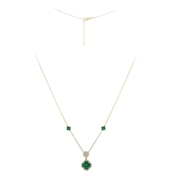 Necklace in Yellow Gold with Round Diamonds and 4-Clover Green Emeralds