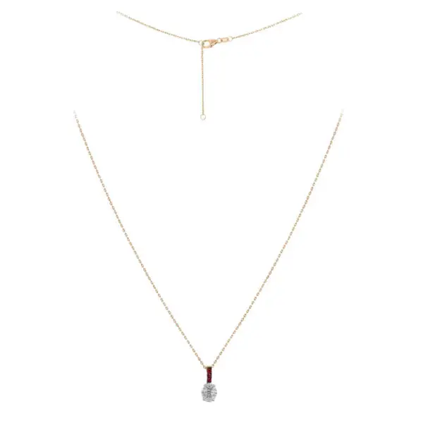Necklace in Rose Gold with Round, Princess, Marquise Shape Diamonds and Red Rubies