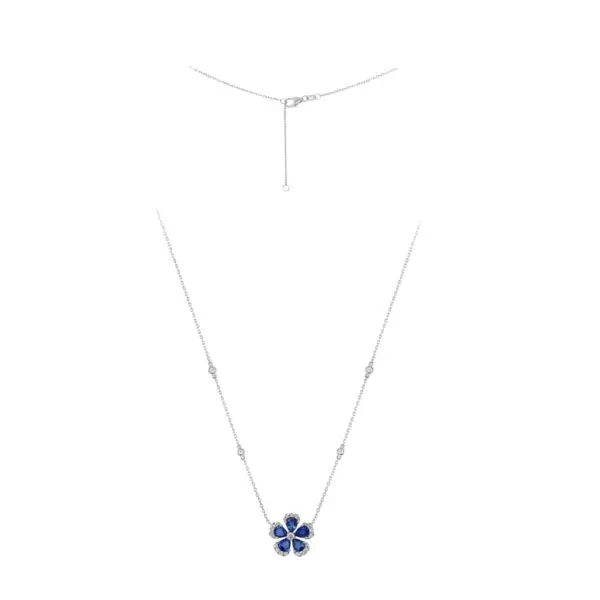 5-Leaf Flower Necklace in White Gold with Round Diamonds and Blue Sapphires