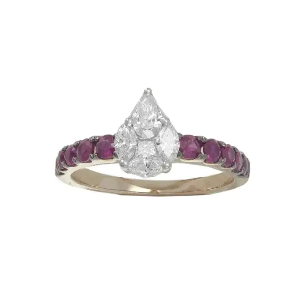 Ring in Rose Gold with Pear, Princess and Marquise Shape Diamonds and Red Rubies