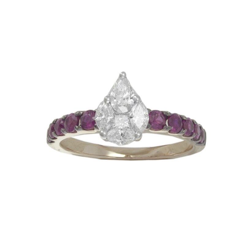 Ring in Rose Gold with Pear, Princess and Marquise Shape Diamonds and Red Rubies