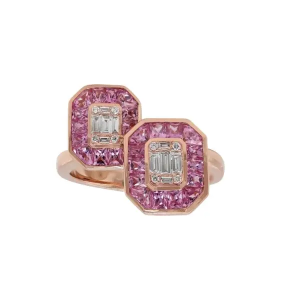 Ring in Rose Gold with Round, Baguette Shape Diamonds and Pink Sapphires