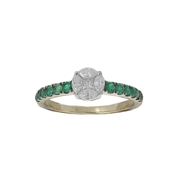 Ring in Yellow Gold with Princess, Marquise Shape Diamonds and Green Emeralds