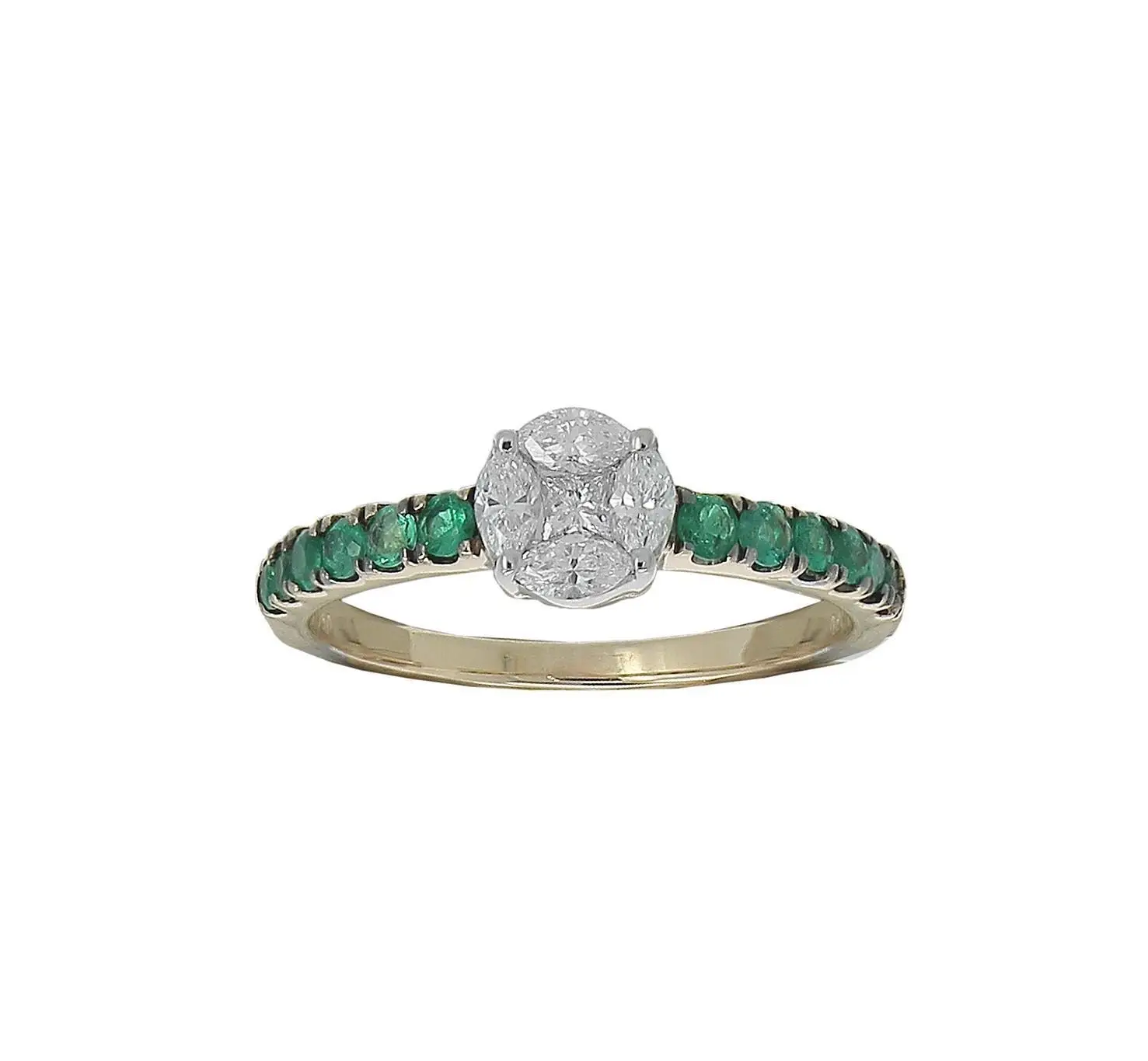 Ring in Yellow Gold with Princess, Marquise Shape Diamonds and Green Emeralds