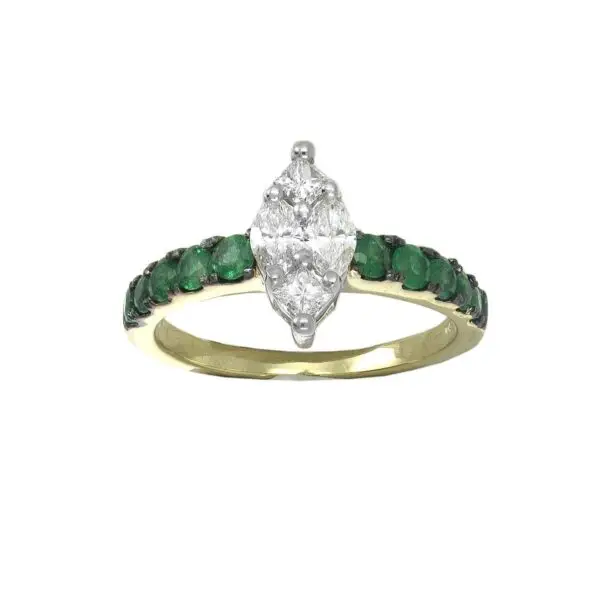Ring in Yellow Gold with Princess, Marquise Shape Diamonds and Green Emeralds
