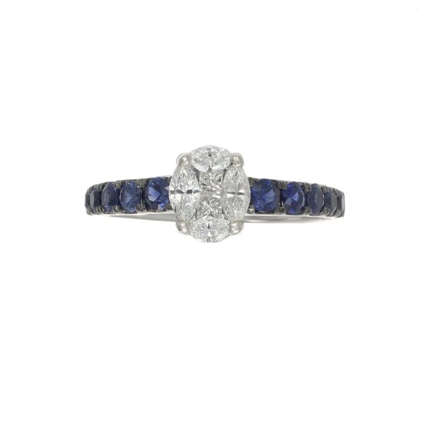 Ring in White Gold with Princess, Marquise Shape Diamonds and Blue Sapphires
