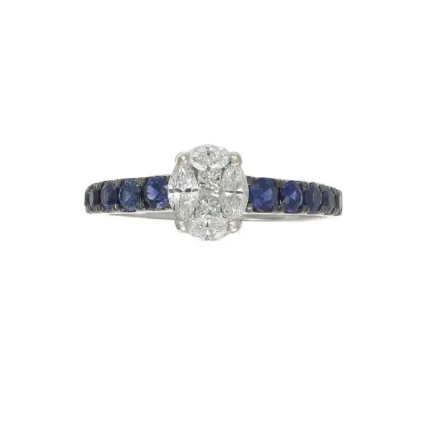 Ring in White Gold with Princess, Marquise Shape Diamonds and Blue Sapphires
