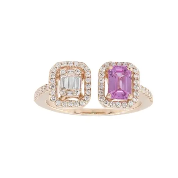 Ring in Rose Gold with Round, Baguette Shape Diamonds and Pink Sapphire
