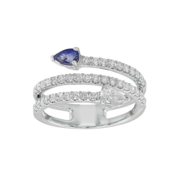 Ring in White Gold with Round, Pear Shape Diamonds and Blue Sapphire