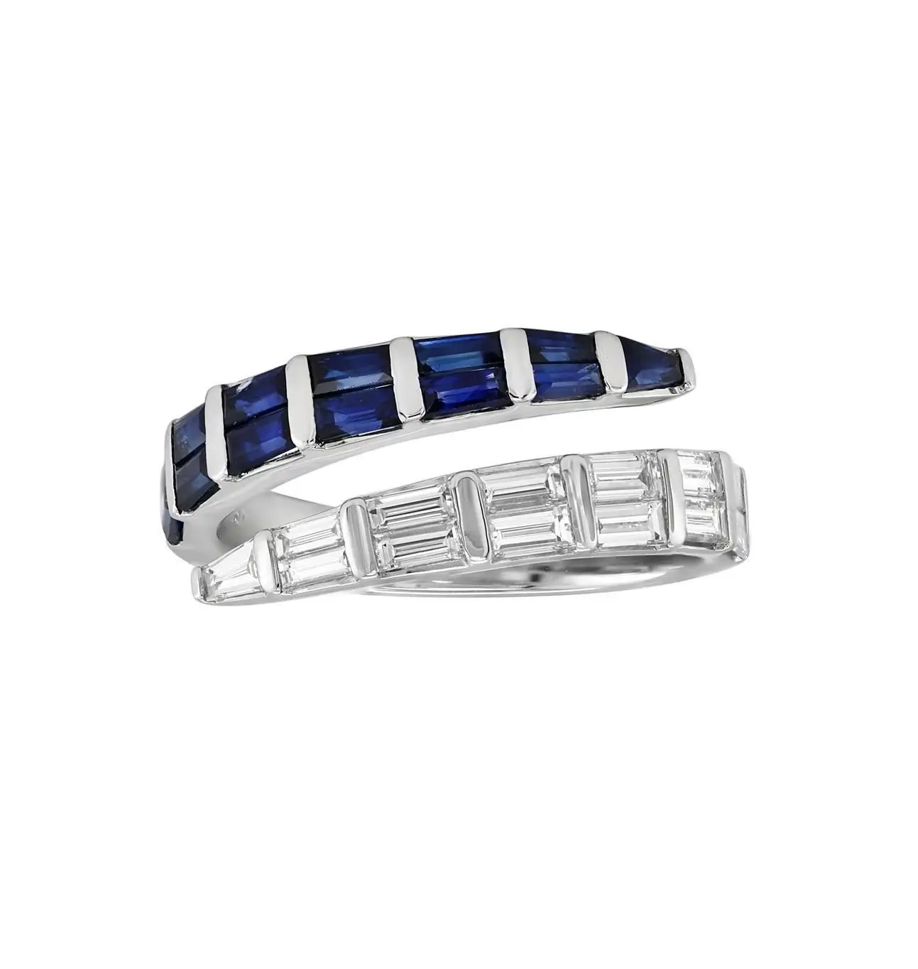 Ring in White Gold with Baguette Shape Diamonds and Blue Sapphires
