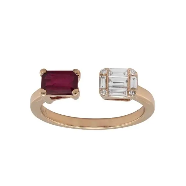 Ring in Rose Gold with Round and Baguette Shape Diamonds and Red Ruby